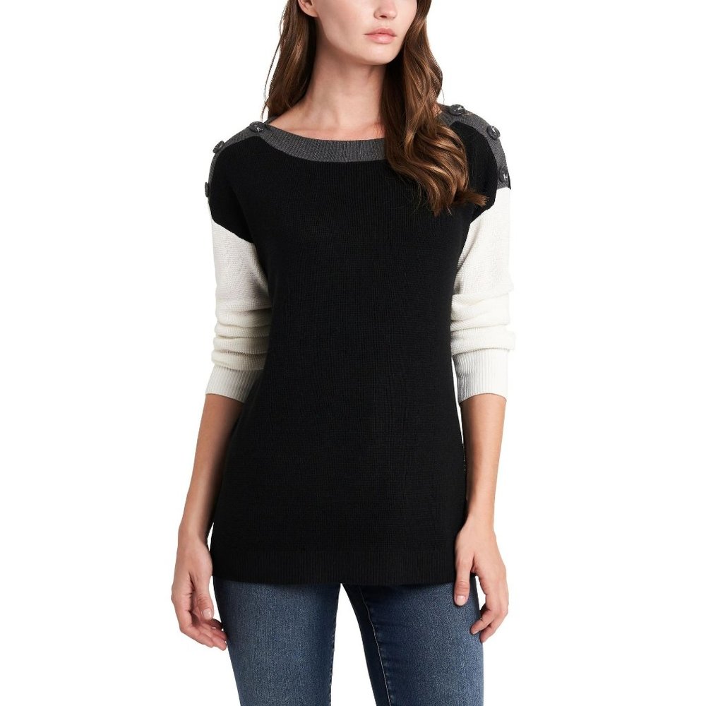 NEW Vince Camuto Medium Lightweight Sweater Neutral Colorblock Black Buttons